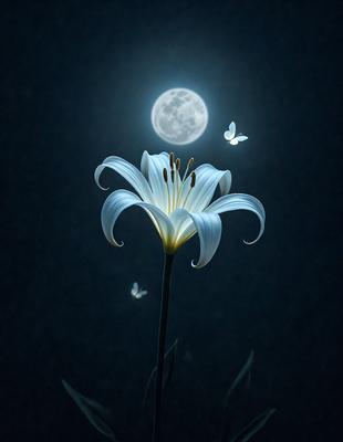 The primary subject of the image is a white flower with a yellow center, which is the main focus of the scene. The flower is located in a dark environment, with a moon visible in the background. The visual style of the image is a combination of photo and digital art, creating a unique and artistic representation of the flower. The dominant colors in the image are white and yellow, with the dark background adding a sense of depth and contrast to the overall atmosphere.